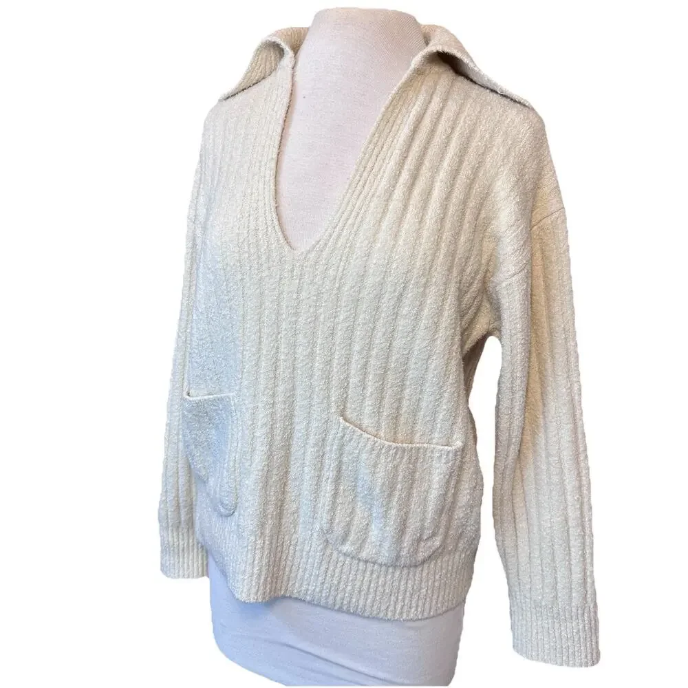 J. Crew Ribbed Boucle Collared Cotton-blend Beach Sweater Cream V-Neck Small